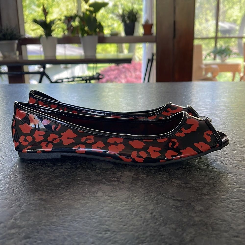 Iron Fist Dawn Raw Power Peeptoe ballerina flats in black with orange leopard
